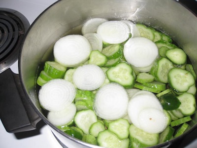 pickling cucumbers and onions cooking