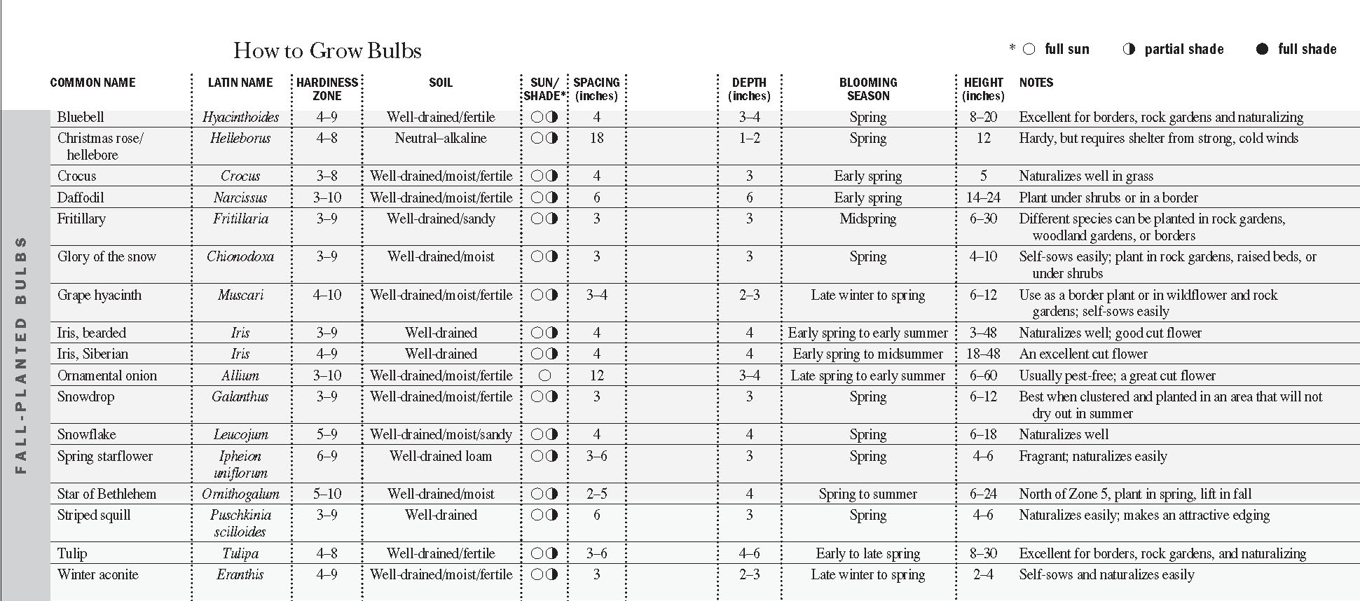 Bulb Planting Chart