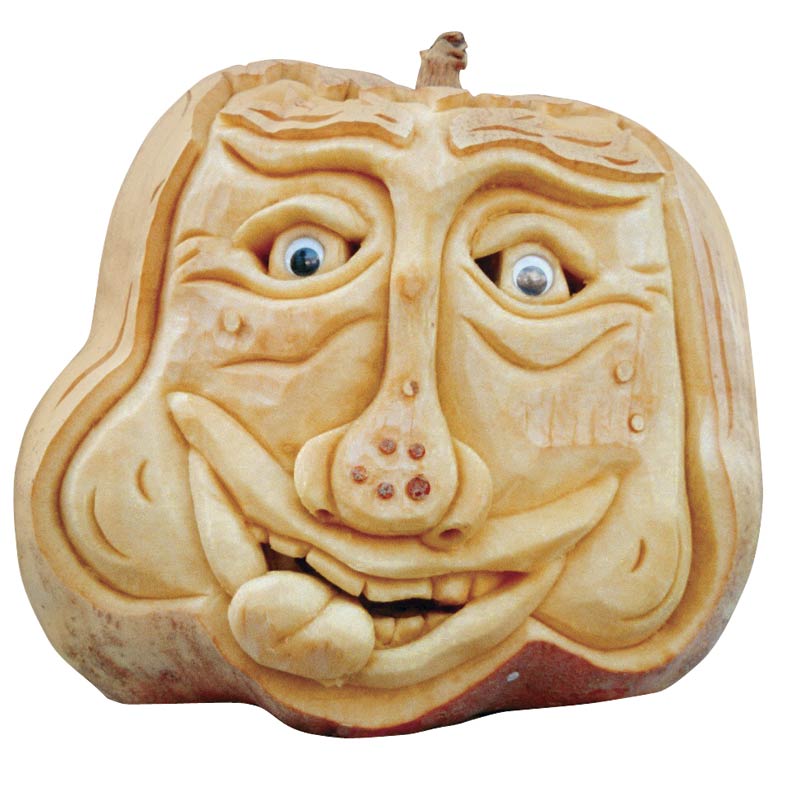 three dimensional carved pumpkin face jack-o’-lantern