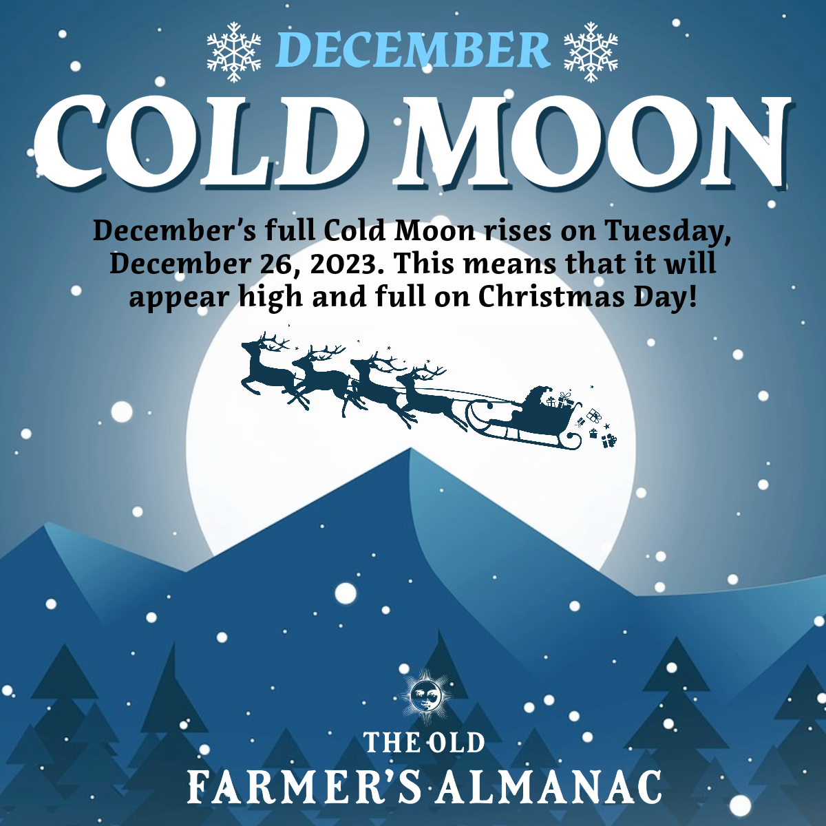 December cold moon, full moon with santa's sleigh