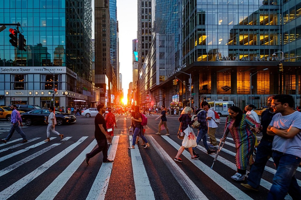 Setting sun through the narrow Manhattan street scene..