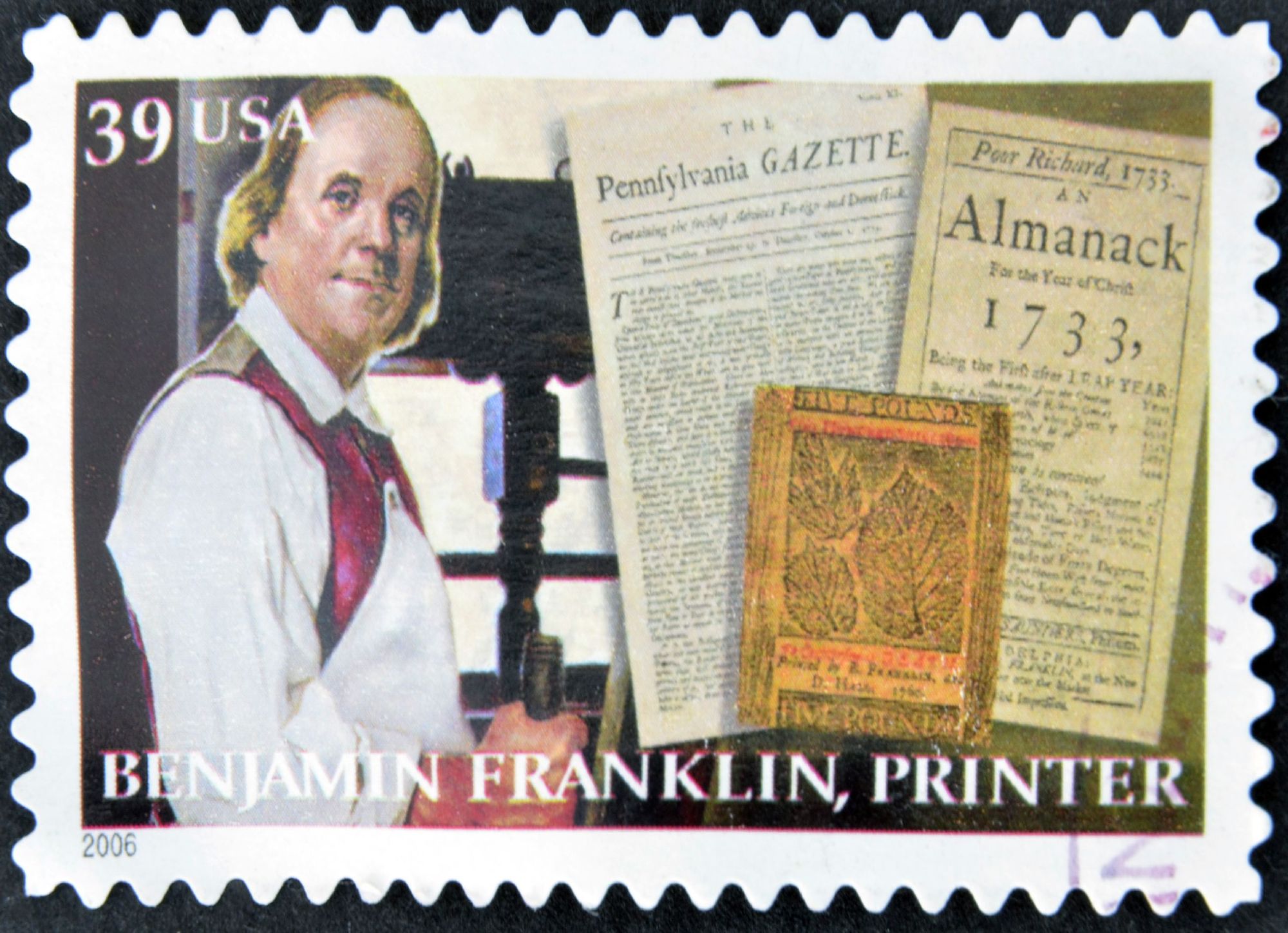 A U.S. postage stamp depicting Benjamin Franklin