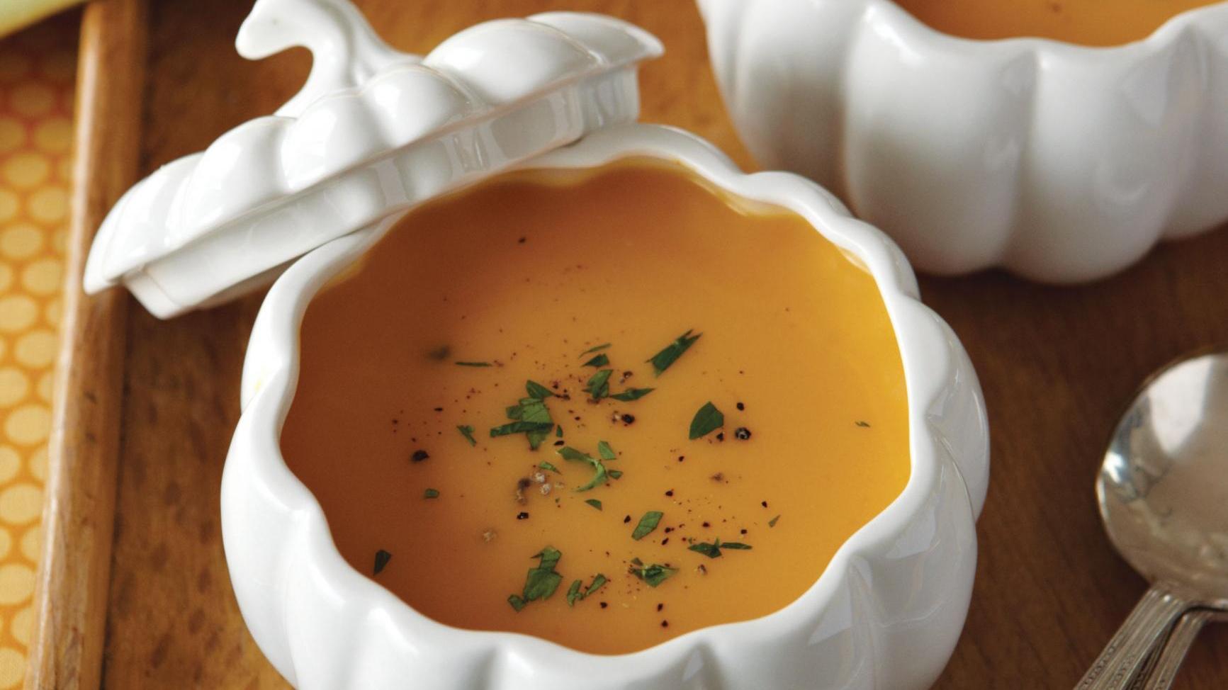 Vermont Butternut Squash Soup in a white pumpkin coquette