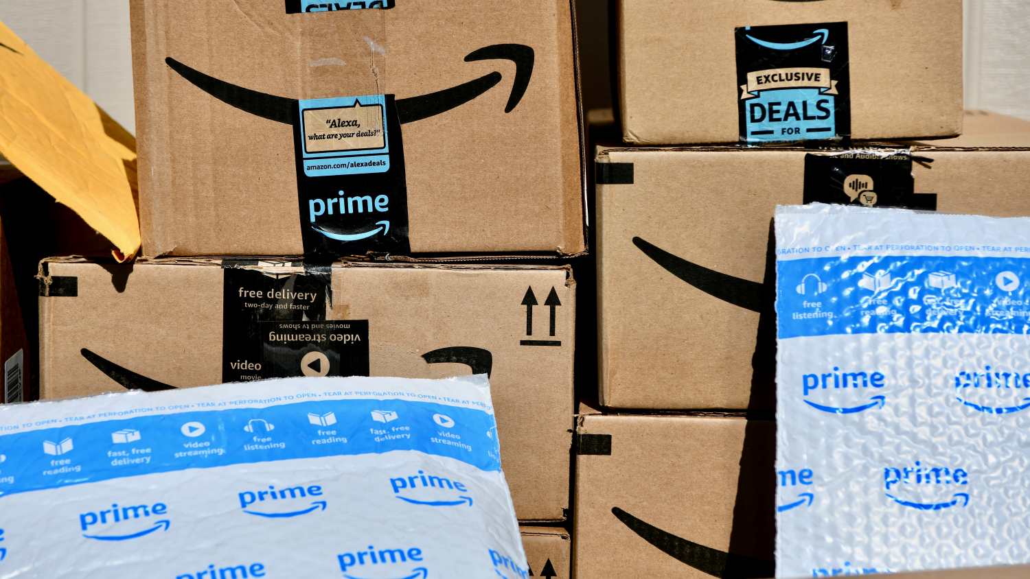 WASHINGTON DC, USA - MARCH 15, 2018: A large Amazon Prime delivery consisting of several packages delivered to the front door of a home.