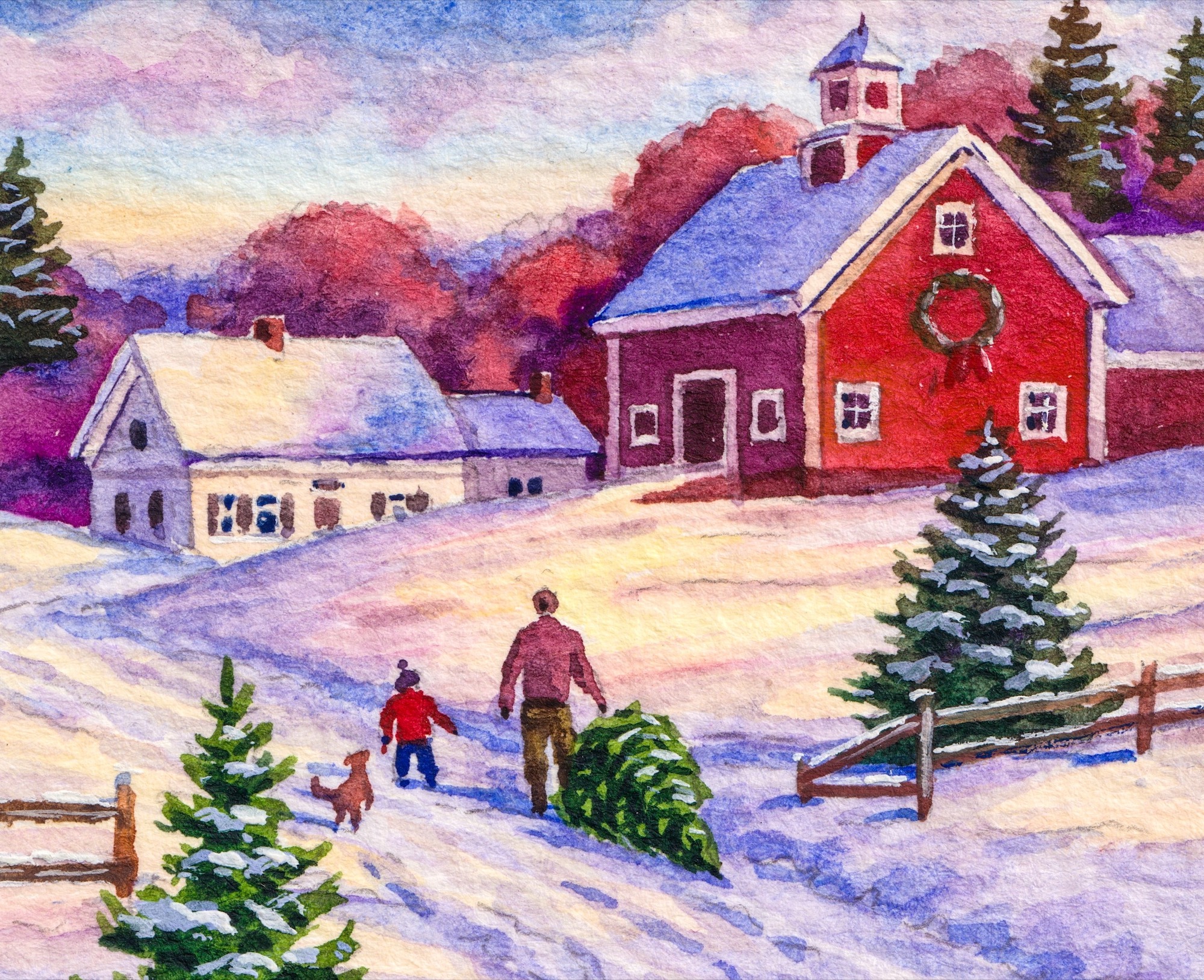 A snowy, rustic scene of a parent, accompanied by a child and a dog, dragging a cut evergreen tree toward a house, with a red barn on a hill nearby