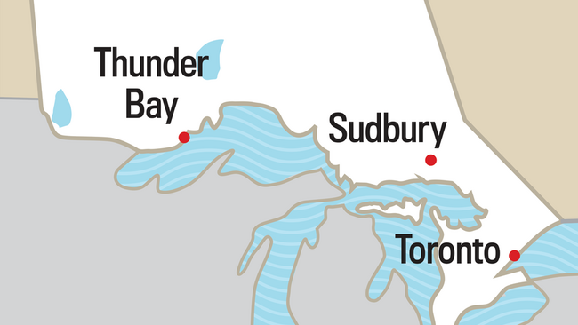Map of the Southern Ontario Region, Thunder Bay, Sudbury, Toronto