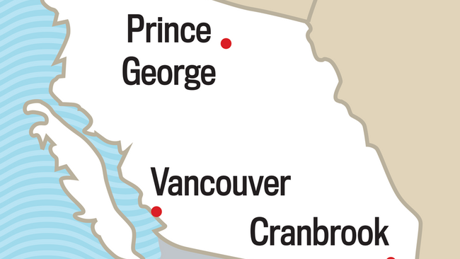 Map of the Southern British Columbia Region. Prince George, Vancouver, Cranbrook