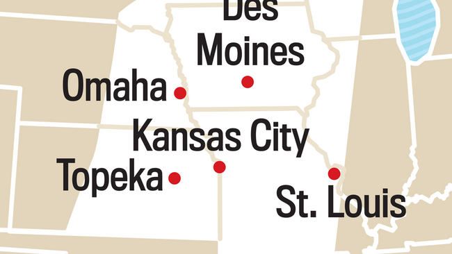 Map of the Heartland Region. Des Moines, Omaha, Kansas City, Topeka, St. Louis
