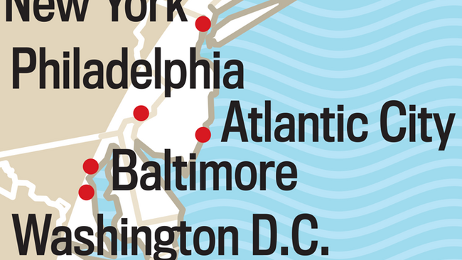 Map of the Atlantic Corridor Region. shows boston, providence, hartford, new york, philadelphia, atlantic city, baltimore, washington DC and richmond