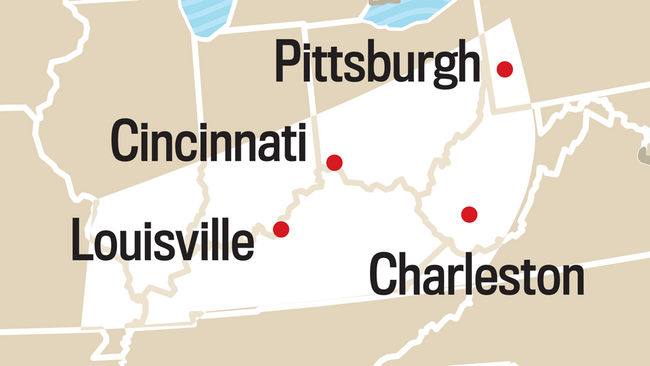 Map of the Ohio Valley Region. Pittsburgh, Cincinnati, Louisville, Charleston