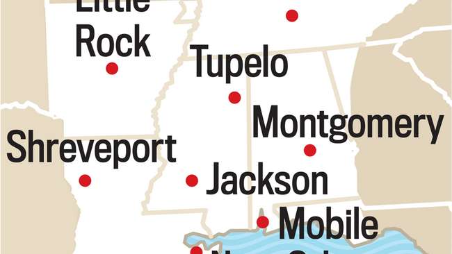 Map of the Deep South Region. Nashville, Little Rock, Shreveport, Tupelo, Montgomery, Jackson, Mobile, New Orleans