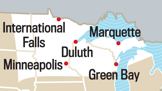 Map of the Upper Midwest Region. International Falls, Minneapolis, Duluth, Green Bay, Marquette