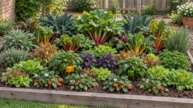 Raised vegetable garden bed with rhubarb, kale, chard, peppers, basil, lettuce, strawberries, and herbs.