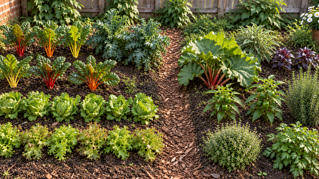 Backyard in-ground vegetable garden with Swiss chard, kale, lettuce, rhubarb, peppers, basil, and herbs divided by a mulch path.