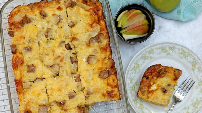 pear breakfast strata in a baking dish