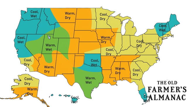 map showing the 2026 fall forecast from the Old Farmer's Almanac