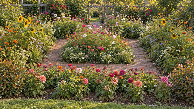 Beautiful garden space with cutting flowers and path