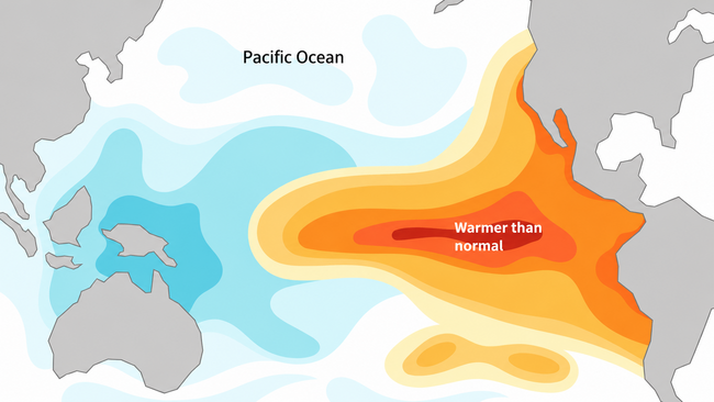Illustration of warmer-than-normal water extending across the central and eastern tropical Pacific during El Niño.