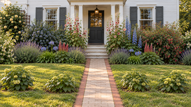 Front yard flower garden with a brick-edged walkway, four hydrangeas along the lawn, and layered flowering shrubs and perennials in front of a white colonial-style house.
