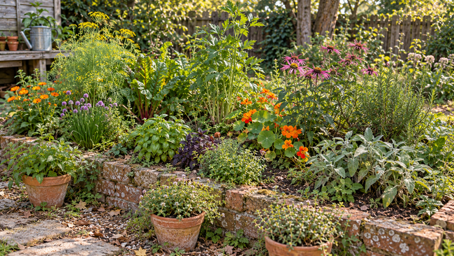 One raised bed herb garden with a few pots of herbs