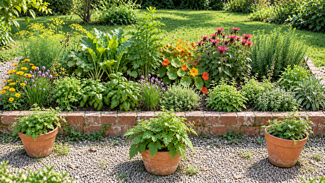 One raised bed herb garden with a few pots of herbs