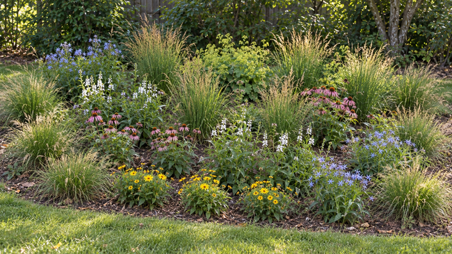 Perennial flower garden layout with coneflowers, bluestar, coreopsis, ornamental grasses, and obedient plant.
