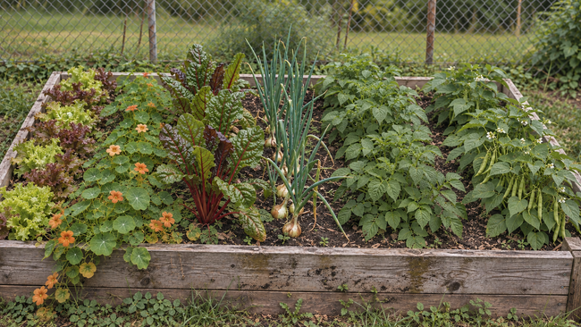 Beginner 4×8 vegetable garden layout showing rows of lettuce, nasturtium, Swiss chard, onions, early potatoes, and bush beans