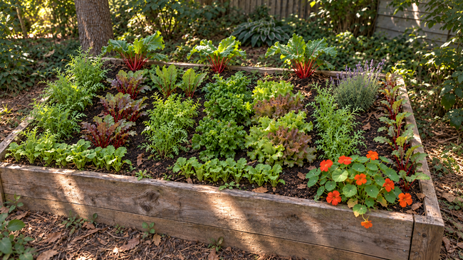 Shade vegetable garden layout with rhubarb, lettuce, beets, radishes, parsley, arugula, and nasturtiums.