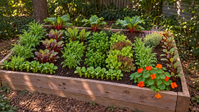 Shade vegetable garden layout with rhubarb, lettuce, beets, radishes, parsley, arugula, and nasturtiums.