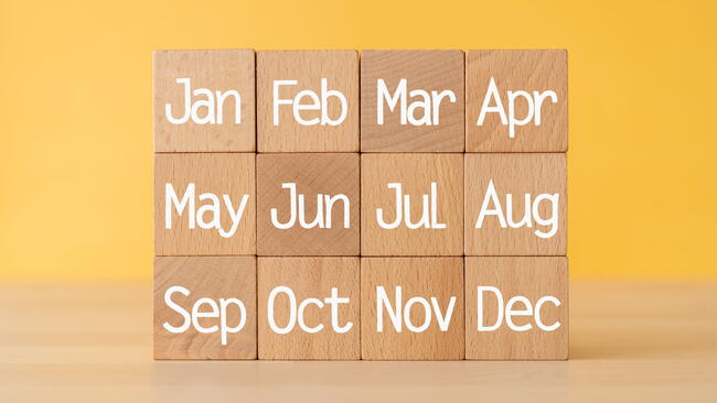 Yearly calendar icons set. All twelve months with names and serial numbers. Template for creating an icon for any day of the year. Flat vector illustration isolated on white. wood blocks