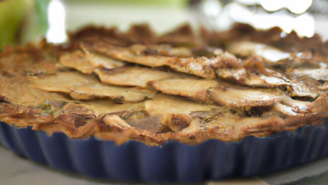 Apple quiche in a blue pie dish