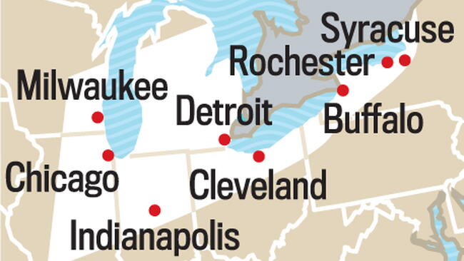 Map of the Lower Lakes Region. shows Indianapolis, chicago, cleveland, bufflao, detroit, milwaukee, rochester and syracuse