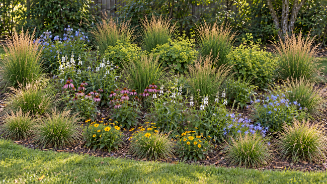 Perennial flower garden layout with coneflowers, bluestar, coreopsis, ornamental grasses, and obedient plant.