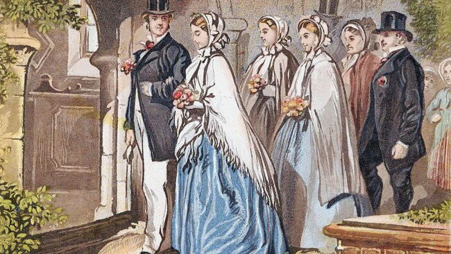 historic photo of a bride and groom Walking Down the Aisle 