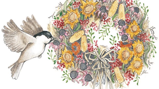 illustration of a chickadee with a Bird Seed Wreath