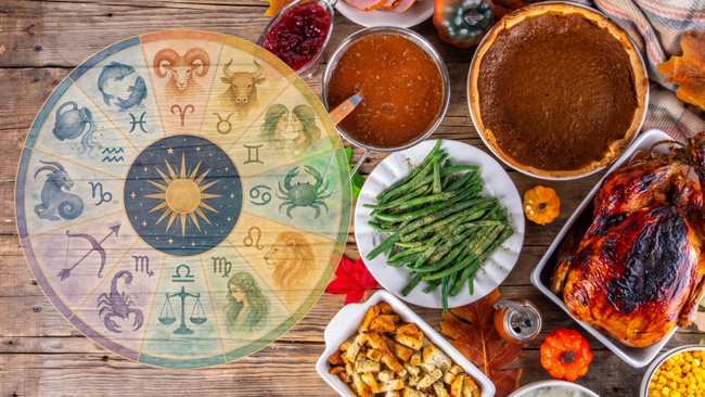 Thanksgiving side dishes on a table with the zodiac wheel