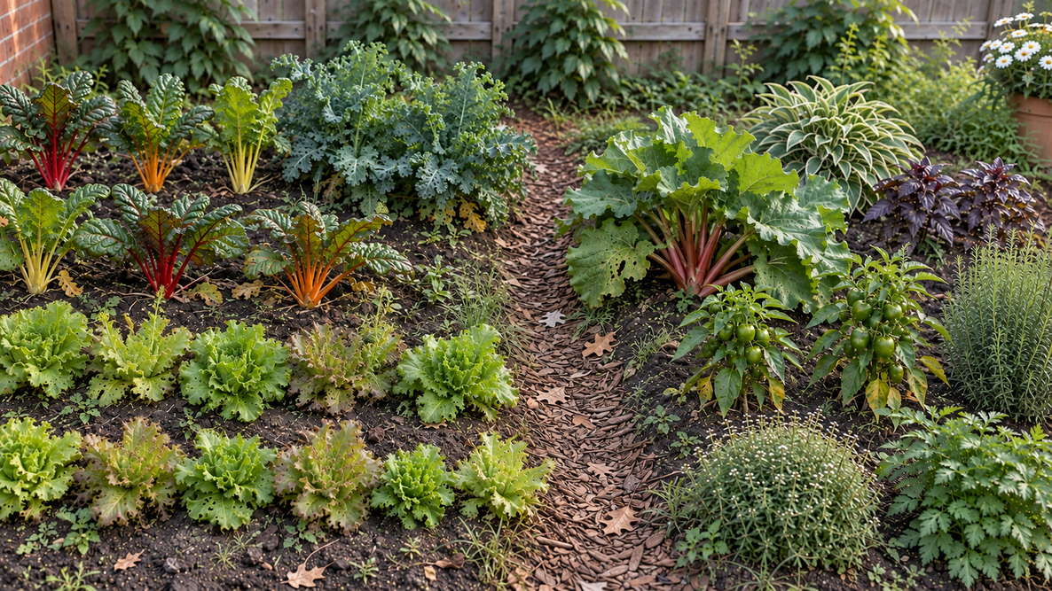 Backyard in-ground vegetable garden with Swiss chard, kale, lettuce, rhubarb, peppers, basil, and herbs divided by a mulch path.