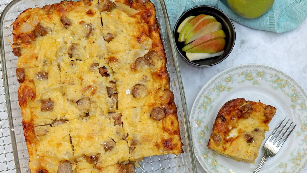 pear breakfast strata in a baking dish