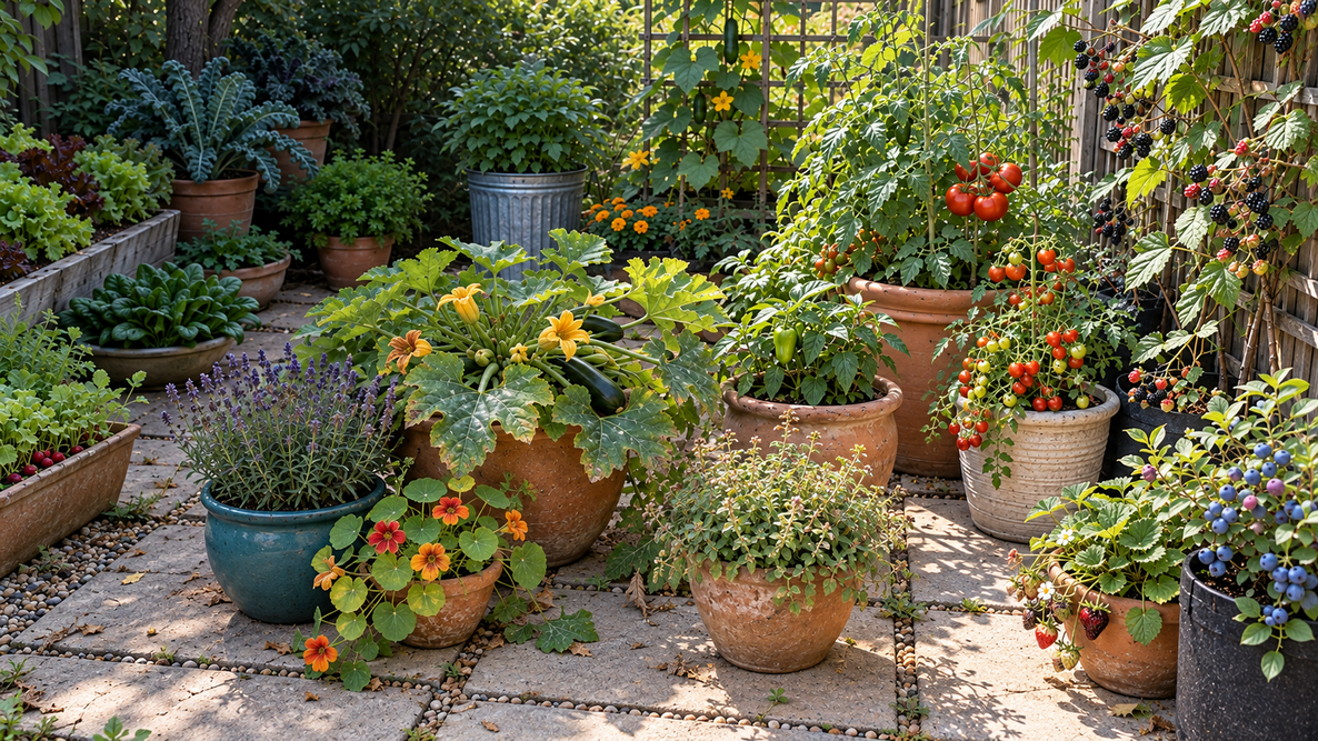 Container vegetable garden on a stone patio with zucchini, tomatoes, peppers, herbs, berries, and cool-season greens growing in pots and grow bags.