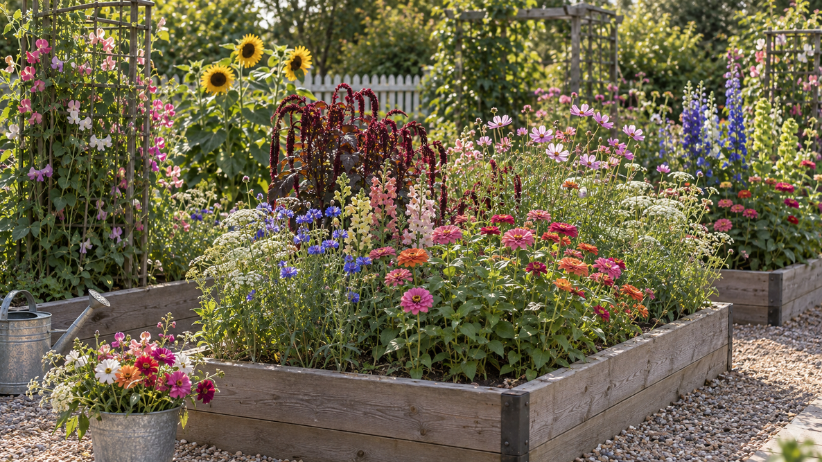 Beautiful flowers in a raised bed 