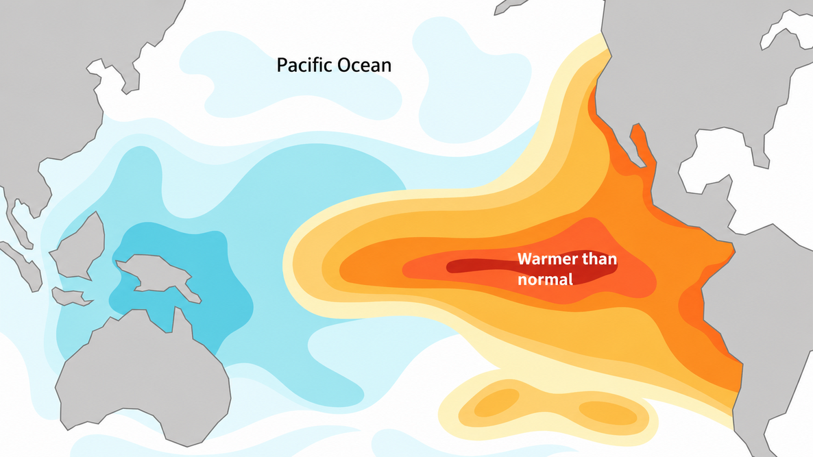Illustration of warmer-than-normal water extending across the central and eastern tropical Pacific during El Niño.