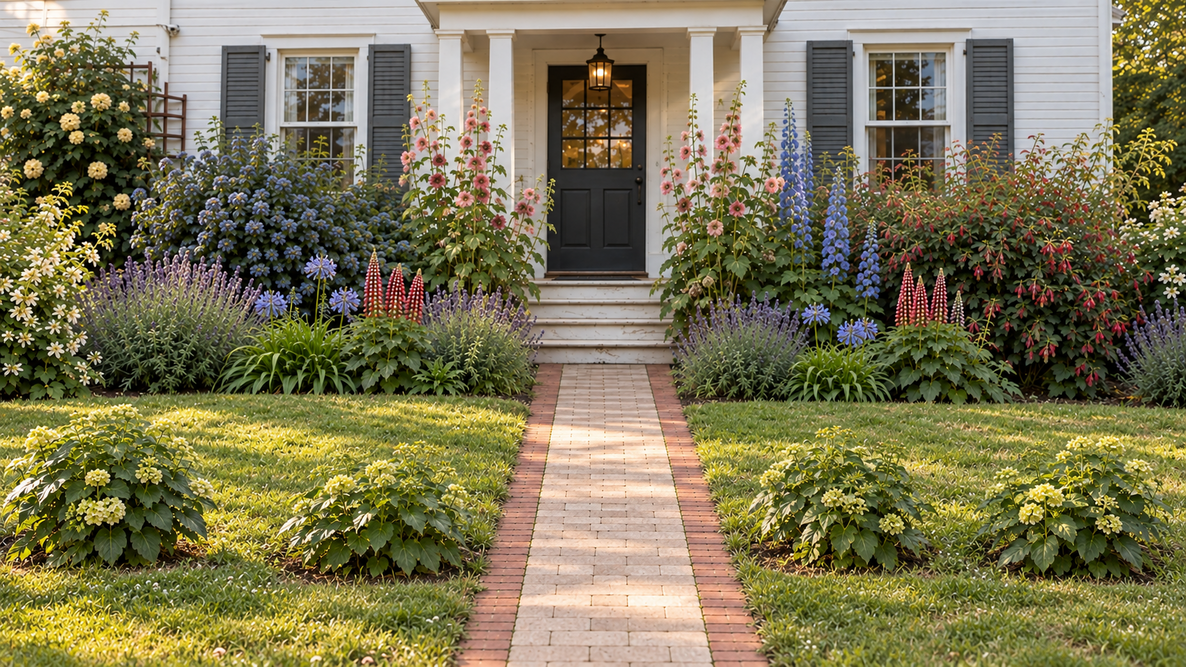 Front yard flower garden with a brick-edged walkway, four hydrangeas along the lawn, and layered flowering shrubs and perennials in front of a white colonial-style house.