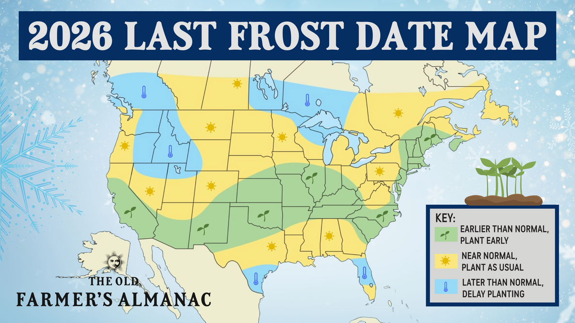 Map showing predicted last frost dates across the United States for spring 2026