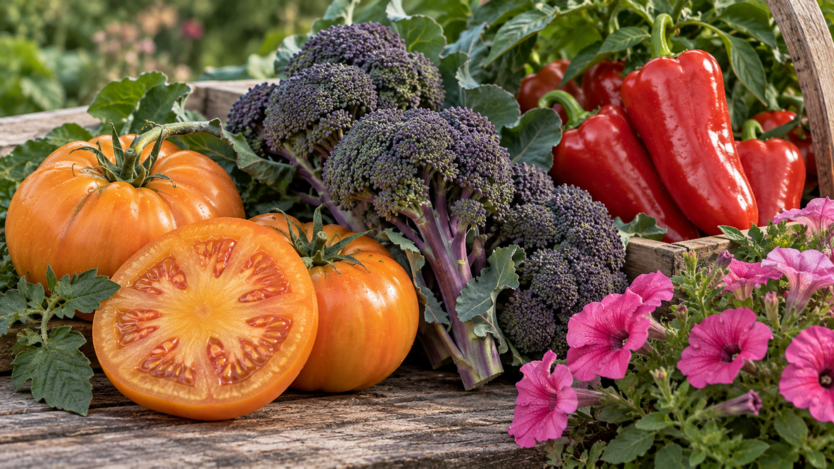 Orange tomatoes, purple broccoli, red peppers, and pink flowers arranged in a colorful garden harvest.