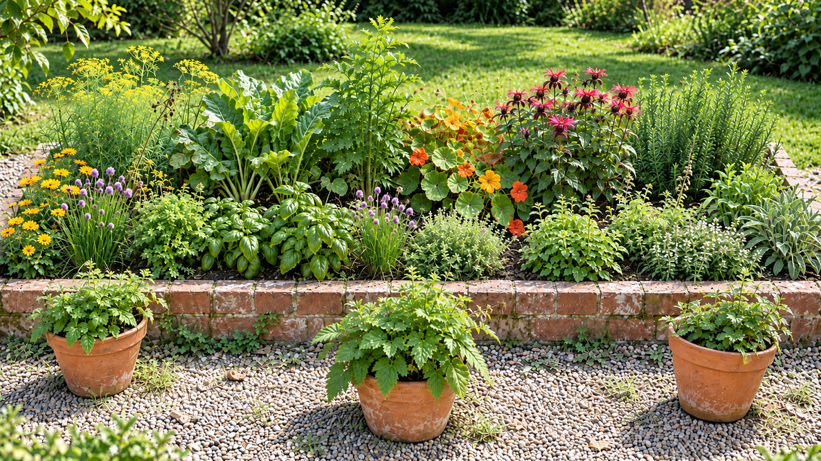 One raised bed herb garden with a few pots of herbs