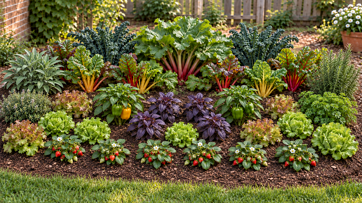 Raised vegetable garden bed with rhubarb, kale, chard, peppers, basil, lettuce, strawberries, and herbs.