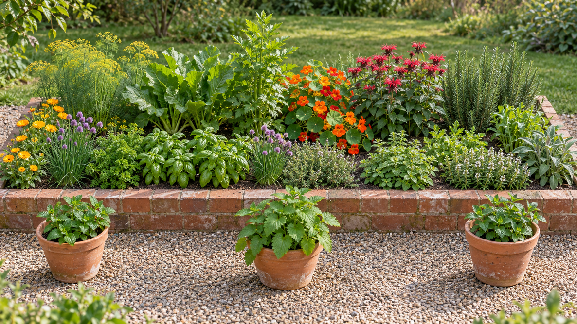 One raised bed herb garden with a few pots of herbs