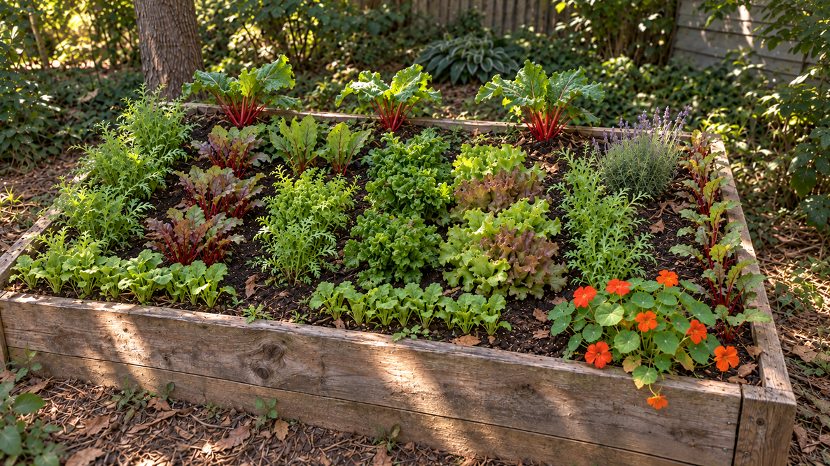 Shade vegetable garden layout with rhubarb, lettuce, beets, radishes, parsley, arugula, and nasturtiums.