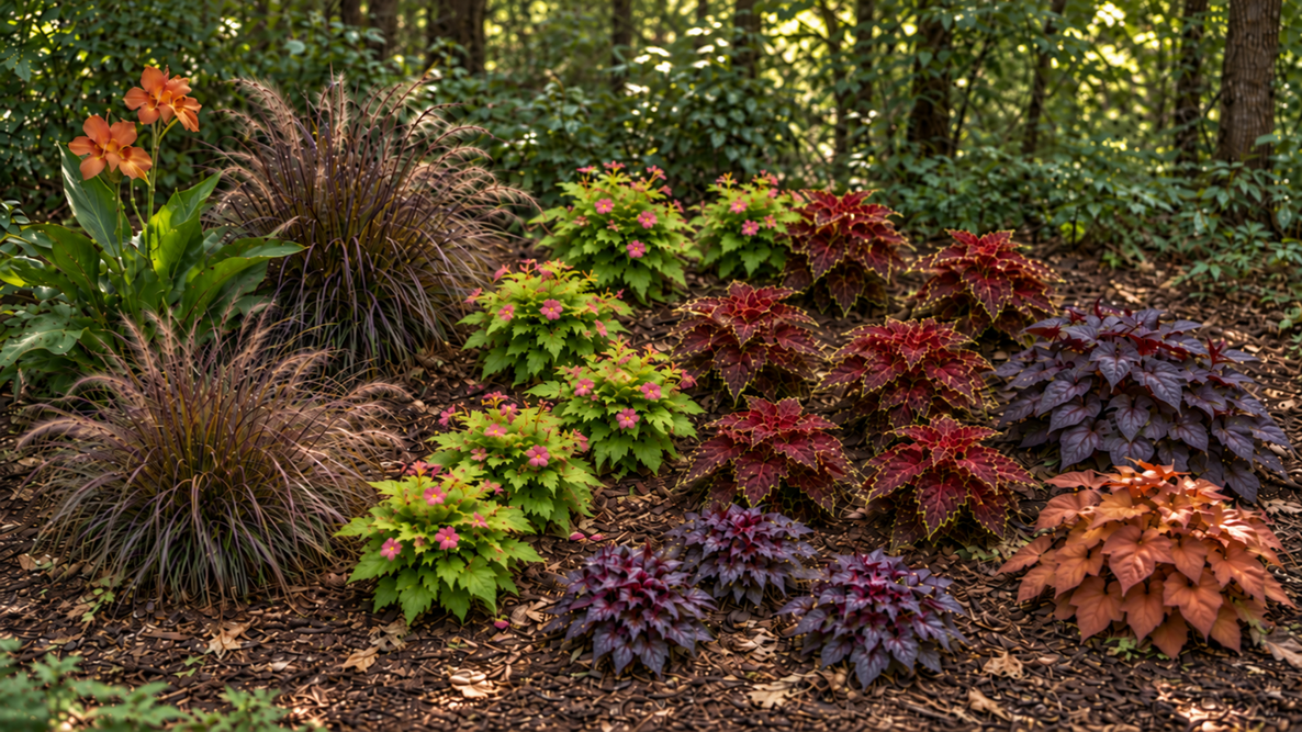Shade foliage garden with canna, purple fountain grass, four-o’clocks, coleus, alternanthera, and sweet potato vine.
