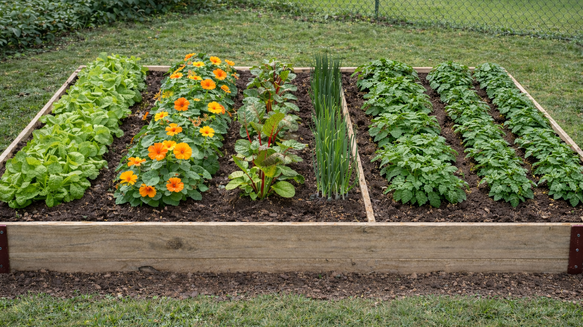 Beginner 4×8 vegetable garden layout showing rows of lettuce, nasturtium, Swiss chard, onions, early potatoes, and bush beans